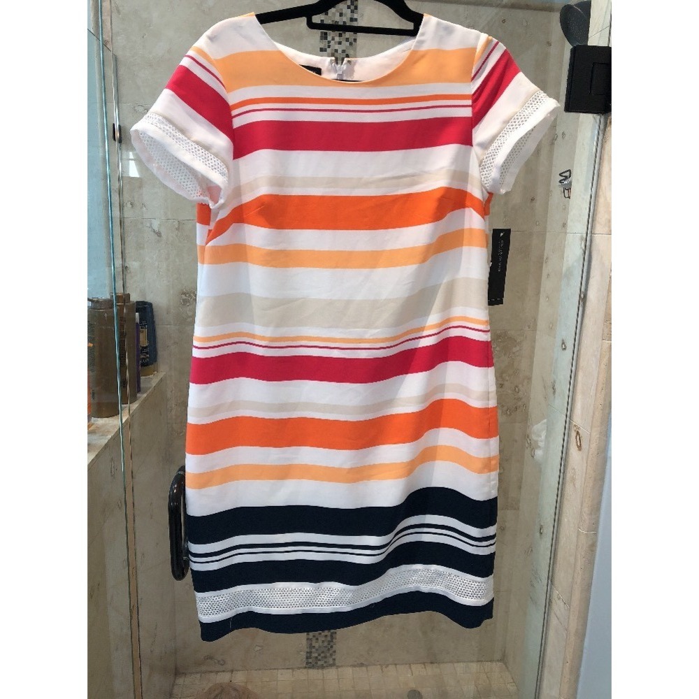 NWT Jones New York Short Sleeve Striped Eyelet Trim Dress Pink Orange White 10